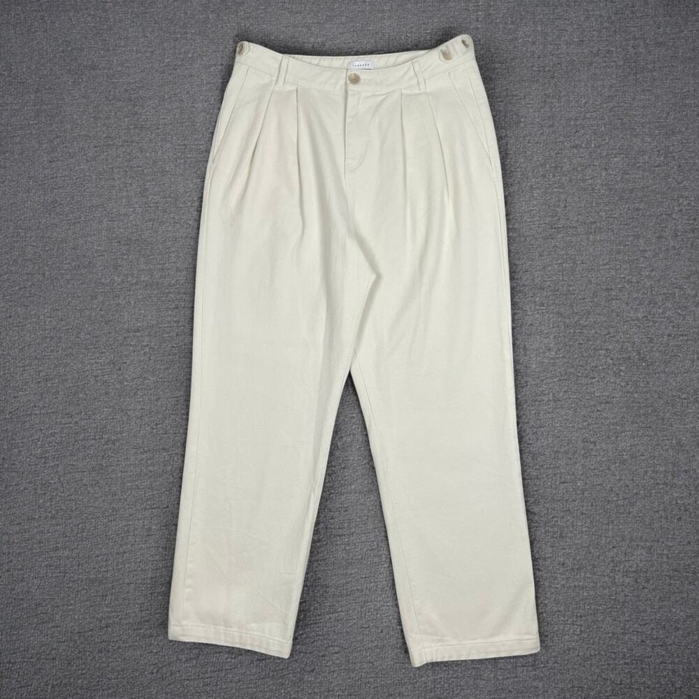 TOPSHOP High Waist Button Tab Straight Leg Pants Ecru Beige Pleat Front Cotton